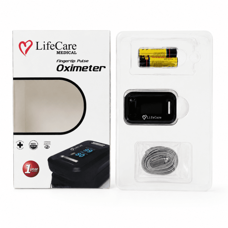LifeCare fingertip pulse oximeter with accessories and box