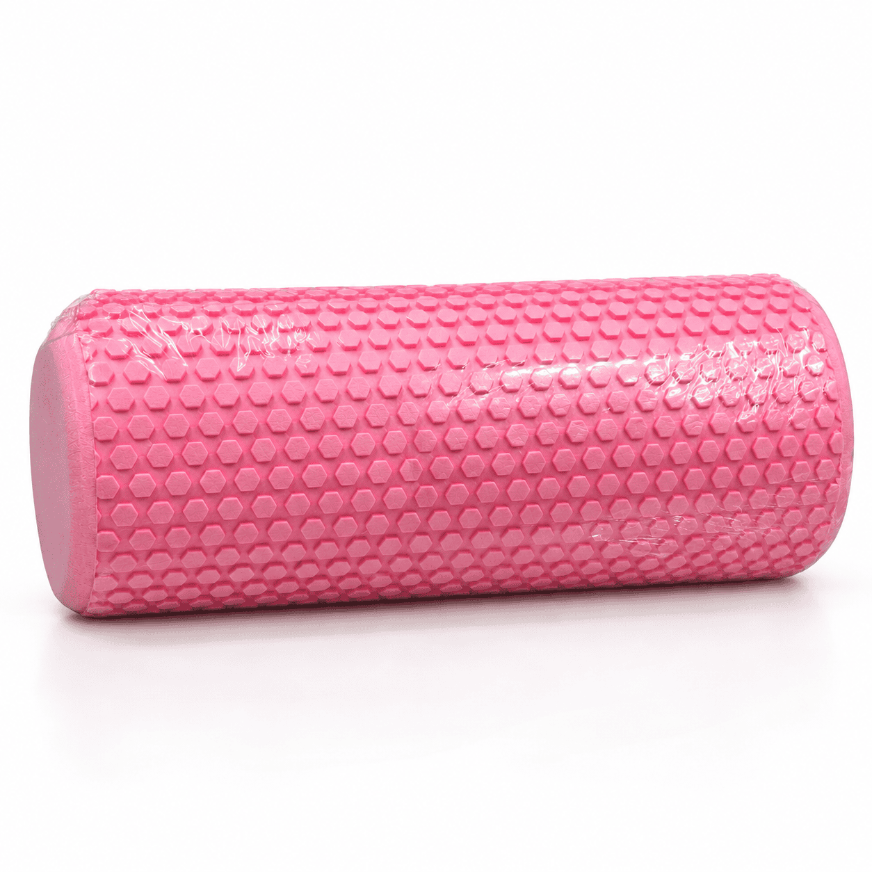 Pink textured foam massage roller side view